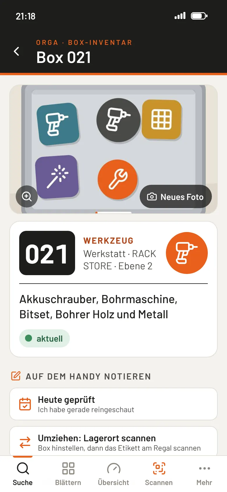 Box: Foto, Inhalt, Ort und Status