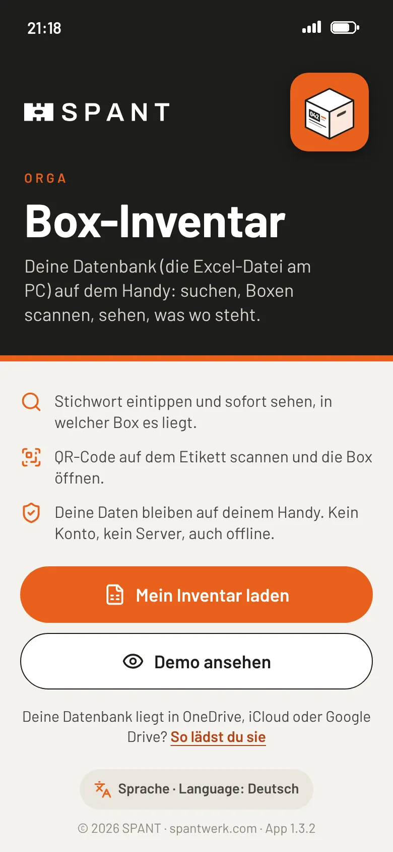 Start: Datenbank laden oder Demo ansehen