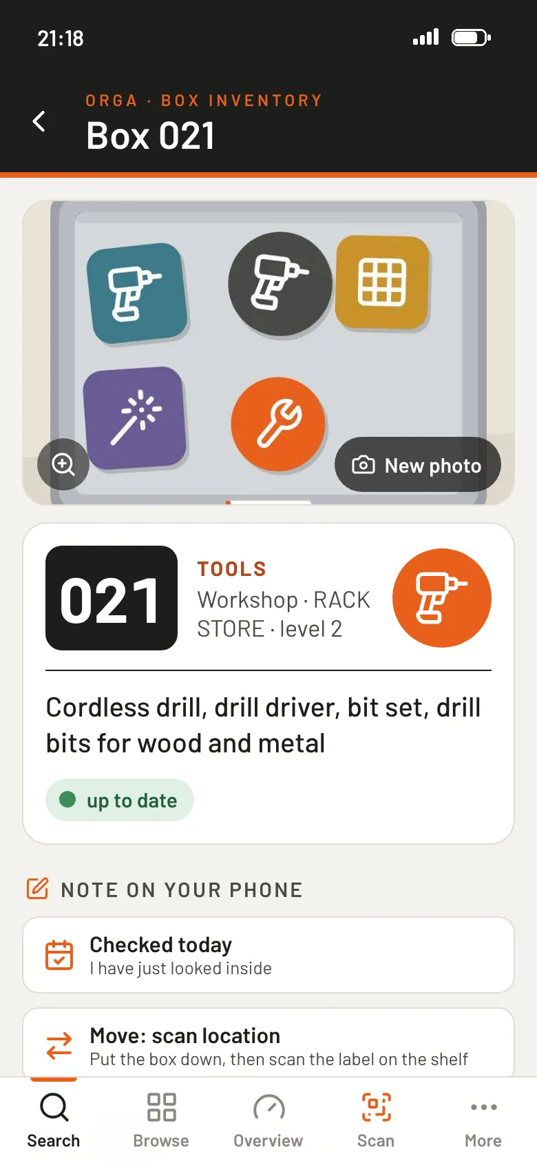 App: box 021 with photo, contents and place