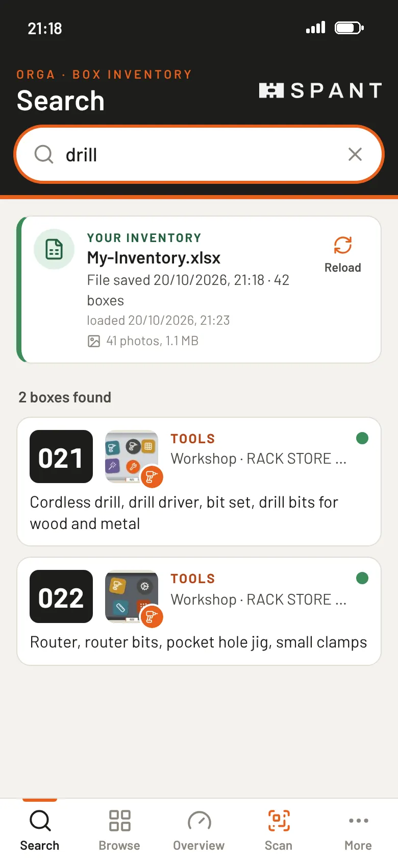 App: searching for drill finds two boxes