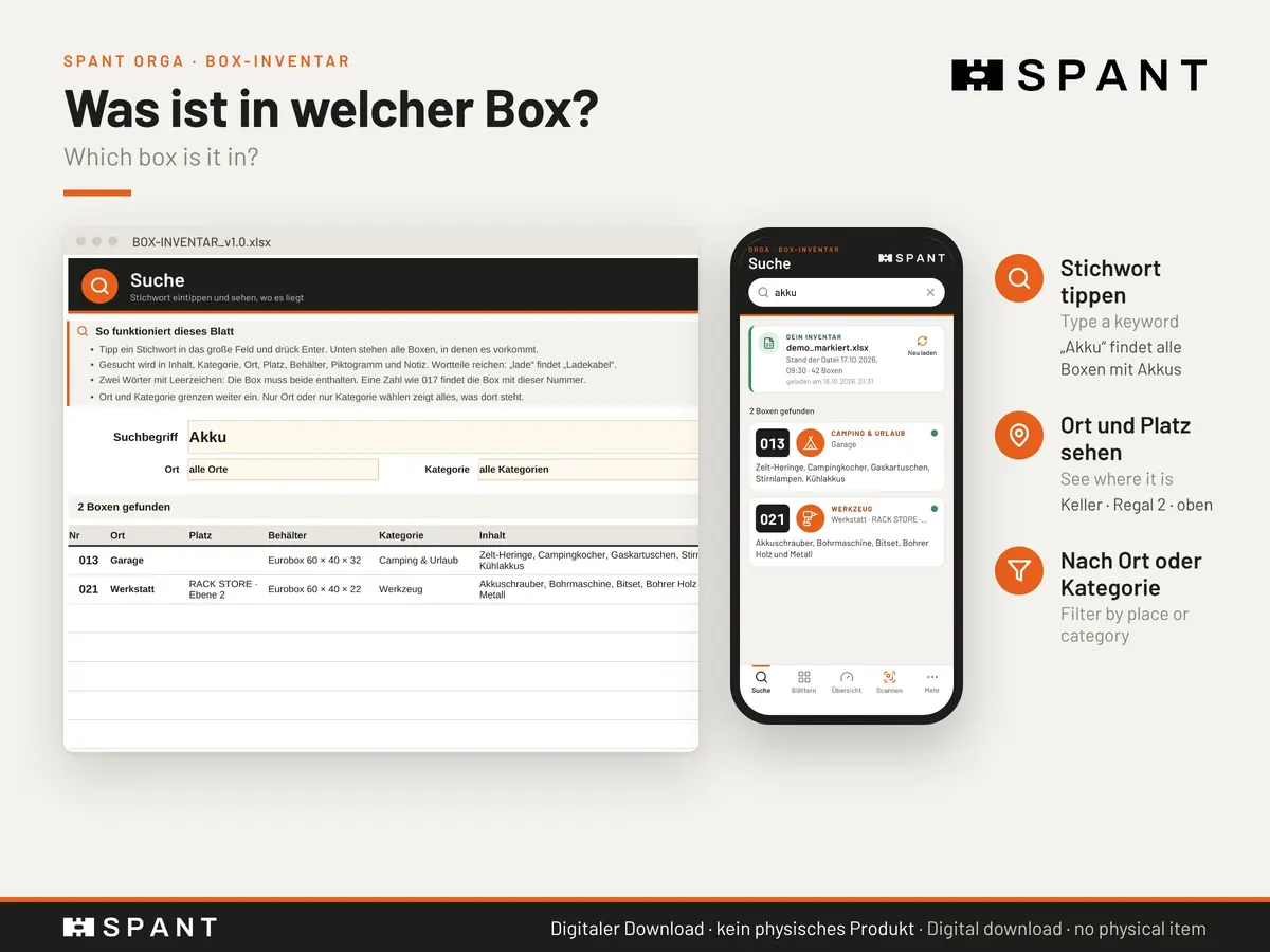 Search: Type a keyword and see which box it is in and where that box is.